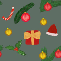 seamless pattern with christmas decorations on gray background. red gift bow with golden bow, christmas tree, Christmas balls, candy cane, Santa hat, mistletoe. Print, packaging, wallpaper, textile