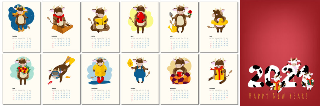 2021 Calendar Design With Bull With Hobbies In Different Seasons Of The Year. Calendar Design Concept With Kawaii Cartoon Bull, Cute Bull Or Cow, New Year Symbol. Set Of 12 Months 2021 Pages. 