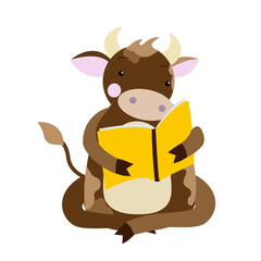 A cute brown bull is reading a book while sitting in the lotus position. Vector image on white background