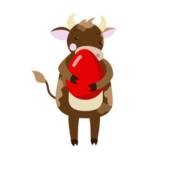 Cute goby with a red Easter egg. Vector image on a white background. Happy easter in the year of the bull.