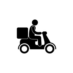 courier rides a moped icon, isolated pictogram man rides, food delivery sign, stick figure people