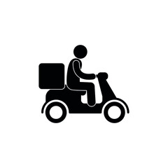 courier rides a moped icon, isolated pictogram man rides, food delivery sign, stick figure people
