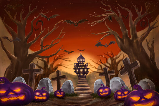 Halloween night background with pumpkin, haunted house and full moon. digital painting illustration