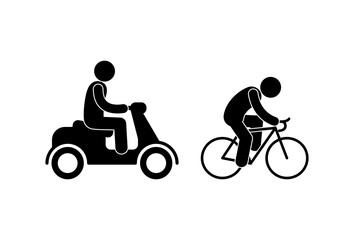 motorcyclist and cyclist icons, isolated pictograms, bike and moped, stick figure people