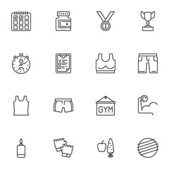 Healthy lifestyle line icons set, gym outline vector symbol collection, linear style pictogram pack. Signs, logo illustration. Set includes icons as sport training, calendar, diet food, stopwatch