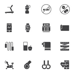 Sport equipment vector icons set, gym and fitness modern solid symbol collection, filled style pictogram pack. Signs, logo illustration. Set includes icons as treadmill, exercise bike, fitness tracker