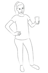 Sketch of a girl with a paper cup of takeaway coffee