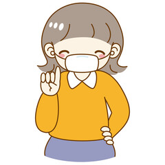マスクをする女性　指を差す