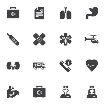 Medical, healthcare vector icons set, modern solid symbol collection, filled style pictogram pack. Signs, logo illustration. Set includes icons as first aid kit, medical plaster, thermometer, doctor