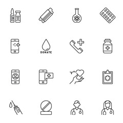 Medical related line icons set, outline vector symbol collection, linear style pictogram pack. Signs, logo illustration. Set includes icons as face mask, medicine pills, blood donation, doctor, nurse