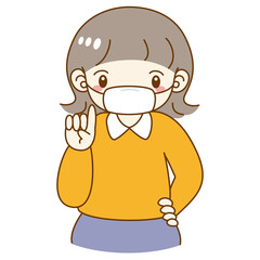 マスクをする女性　指を差す