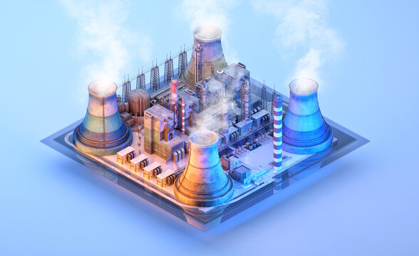 Nuclear power plant with reactors, chimneys, cooling towers isometric 3D design illustration isolated on color background. Atomic power plant factory image. Ecology, energy infographic element concept