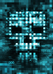 Fototapeta na wymiar Pixel Skull,Computer virus, blue background. Illustration of Abstract Skull sign with destroyed binary codes. Web Hacking. Online piracy concept.