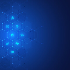 Technology background with flat icons and symbols. Concept and idea for internet of things, communication, network, innovation technology, system integration. Vector illustration.