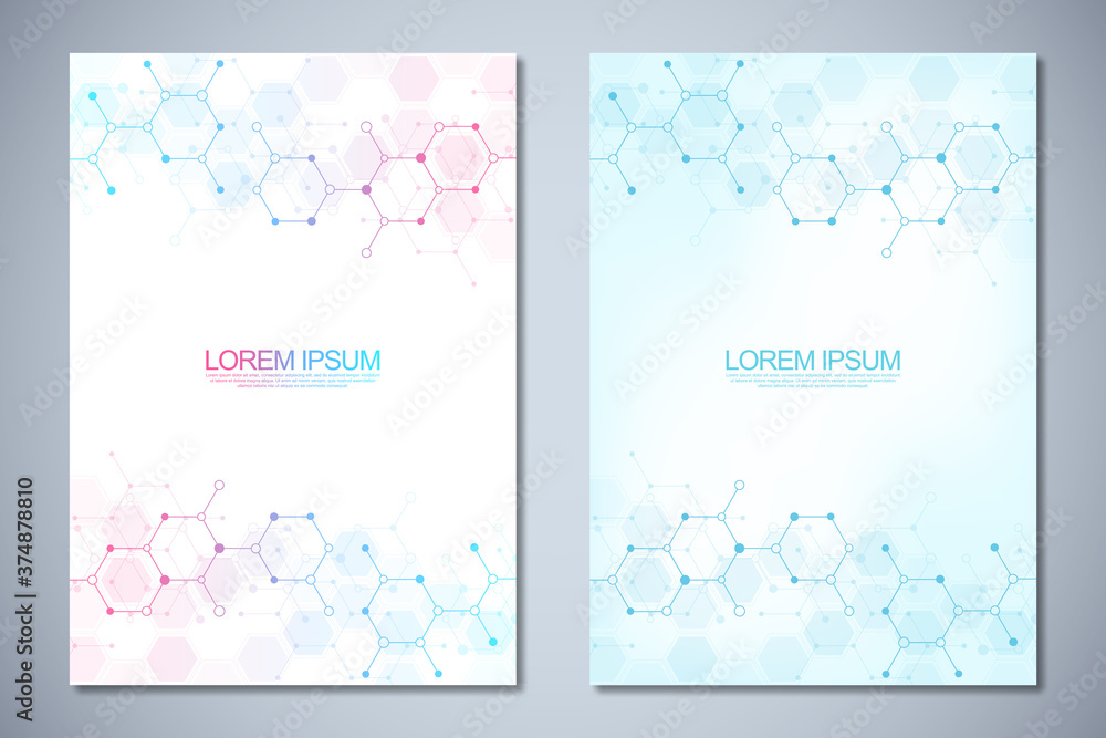 Poster template brochure or cover book, page layout, flyer design with molecular structures background and 