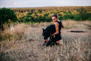 Naklejka na ściany i meble Young slender girl at sunset plays with a sheepdog