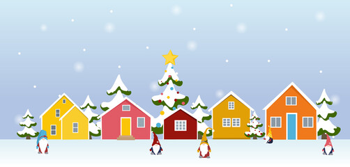 Winter town village landscape with gnome cartoon characters, colorful buildings, christmas trees covered in snow