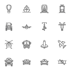 Transport front view line icons set, outline vector symbol collection, linear style pictogram pack. Signs, logo illustration. Set includes icons as airplane, railway train, bicycle, motorcycle, car