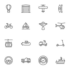 Transport related line icons set, outline vector symbol collection, linear style pictogram pack. Signs, logo illustration. Set includes icons as hot air balloon, sailing boat, bicycle, scooter, plane