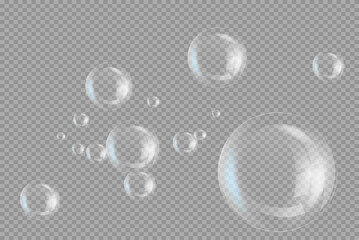 Realistic white water bubbles with reflection on transparent background. Vector illustration