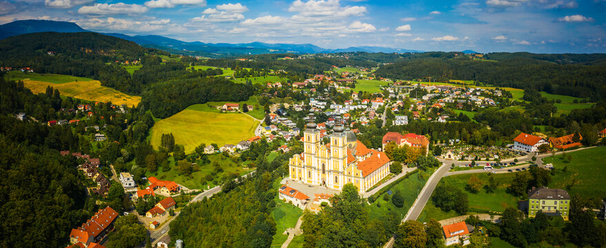 Aerial panoram of Baroque Mariatrost Basilica on top of the Purberg hill in Mariatrost, a district of Graz.