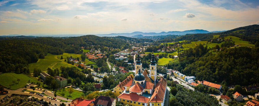 Aerial panoram of Baroque Mariatrost Basilica on top of the Purberg hill in Mariatrost, a district of Graz.