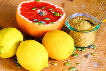 Grapefruit with lemon and and pumpkin seeds and brown sugar