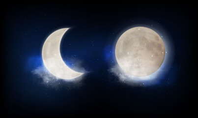 Obraz na płótnie Canvas Full moon and new moon crescent over a patch of cloudy twilight blue sky lit by the glow of the moonlight, colored vector illustration
