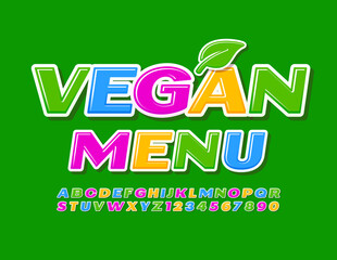 Vector template Vegan Menu with Leaf. Colorful bright Font. Modern Alphabet Letters and Numbers set