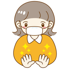 手を清潔にするマスクをつけた女の子