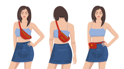 How to wear belt bag, three ways - white background, isolated. Cartoon women with stylish waist belts, vector illustrations collection.