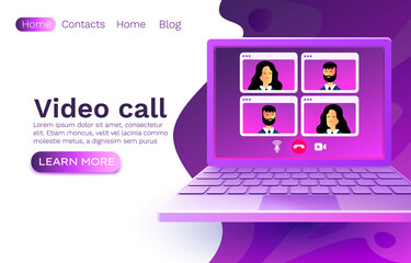 Video call laptop chat, concept people talk, web banner app. Vector