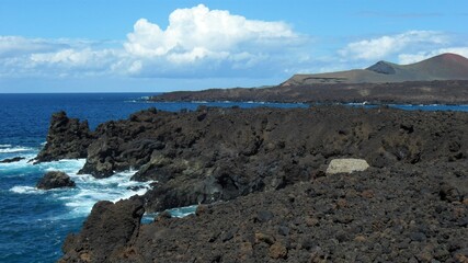 Black, Rugged Lava Fields by the Ocean, Island of Lanzarote
