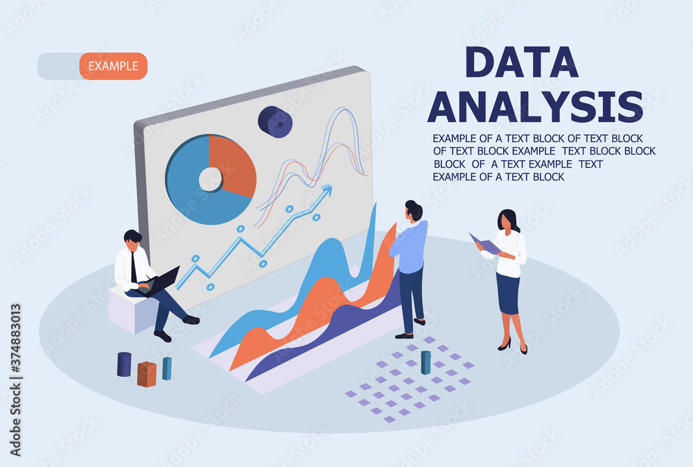 Poster team data analysis concept with a group of diverse people analysing a set of statistical graphs, col