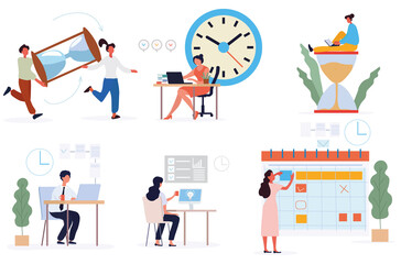 Time Management and efficiency concept showing businesspeople working to deadlines with hourglasses and clocks, colored vector illustration