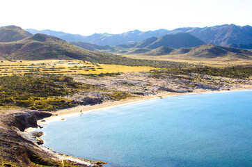 Los Genoveses beach in a valley between mountains in San Jose, Almeria, Andalusia, Spain