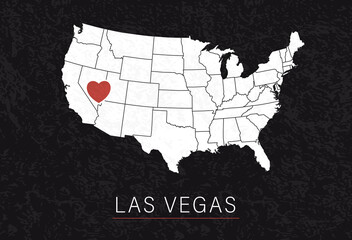 Love Las Vegas Picture. Map of United States with Heart as City Point. Vector Stock Illustration