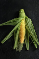 Fresh corn on the cob with seeds on a concrete background close up