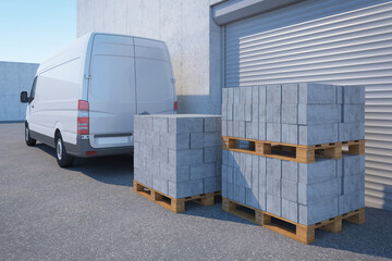 delivery van with a concrete block near warehouse, 3d rendering
