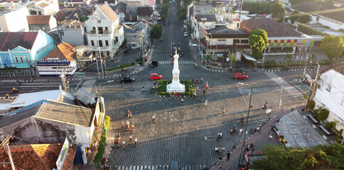 Yogyakarta, Indonesia - August 21, 2020 : aerial view of the atmosphere of Tugu Jogja in the morning