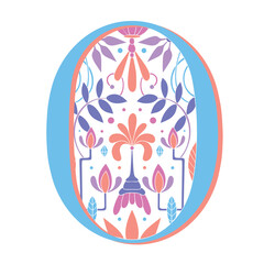 Vintage retro illustration set in modern style of the number zero, flowers, branches and leaves. Art Nouveau and art Deco style. Symmetrical image with blue, orange, violet colors