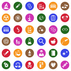 Chemistry Icons. White Flat Design In Circle. Vector Illustration.
