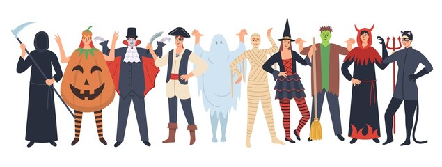 Set of Halloween cartoon characters: pumpkin, vampire, death, ghost,  witch, Frankenstein, pirate, devil, catwoman. Halloween party. Vector  cartoon  illustration.