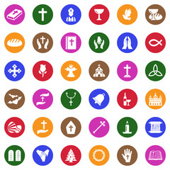 Christianity Icons. White Flat Design In Circle. Vector Illustration.