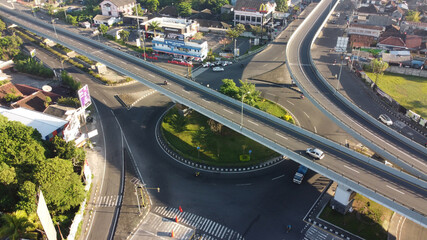 Yogyakarta, Indonesia - August 21, 2020 : aerial view of the Jombor flyover in the morning