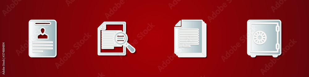 Poster set identification badge, document with search, and safe icon. vector.