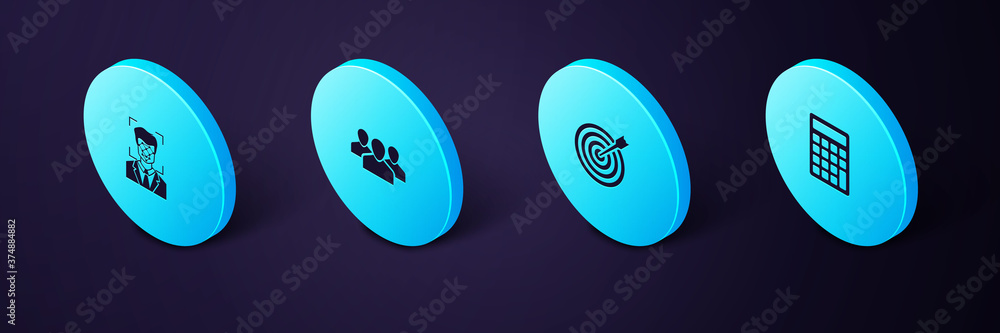 Poster set isometric calculator, target with arrow, users group and face recognition icon. vector.