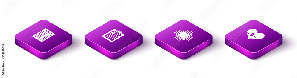 Poster set isometric paper or financial check, clipboard with resume, processor cpu and heart rate icon. ve