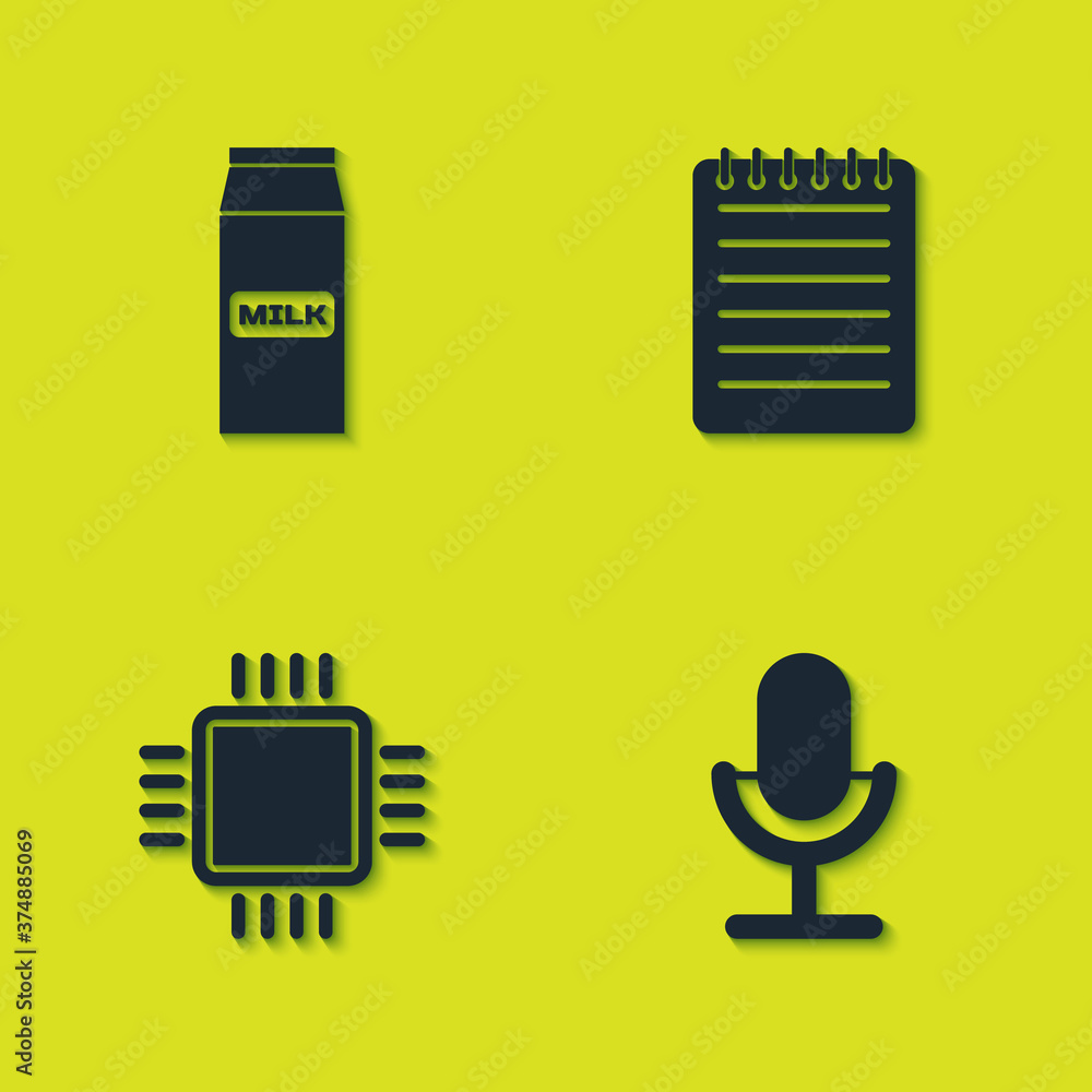 Poster set paper package for milk, microphone, processor with cpu and notebook icon. vector.