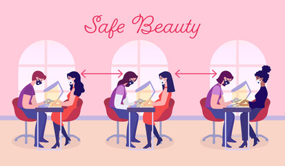 Safe Beauty. Social distance in nail salons. Manicure during coronavirus pandemic. COVID-19 prevention in public places. Manicurists serve clients, wearing masks and keeping distance. New normal
